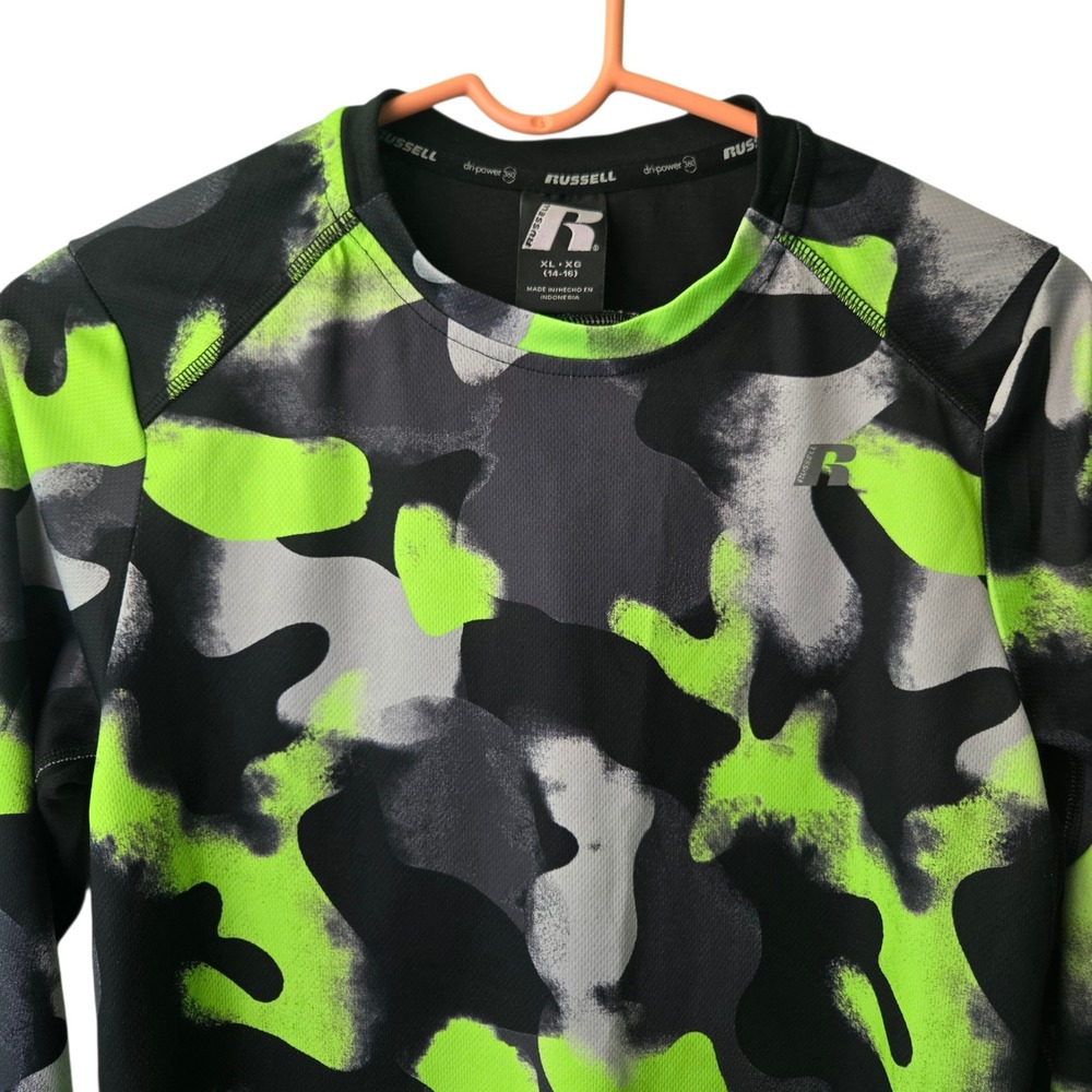 Russell Boys XL 14-16 Dri-Power 360 Neon‎ Green Camo Long Sleeve Performance Top
